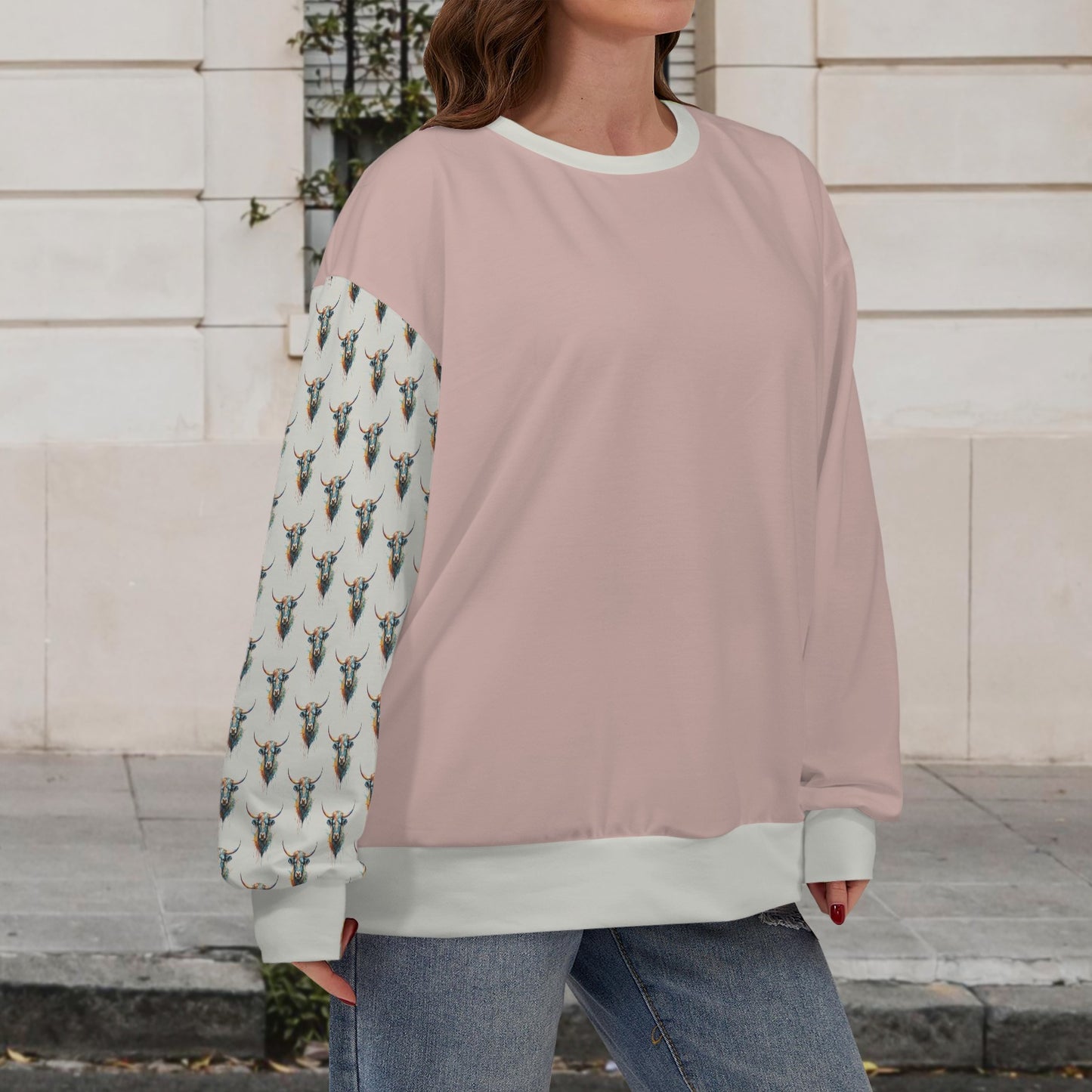 Watercolor Steer Crew Neck Dropped Shoulder Sweatshirt - Dusty Rose/ Pebble Gray