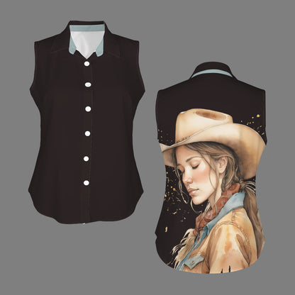 Button-front Sleeveless Blouse with Peaceful Cowgirl in Warm Tones - Jet Black