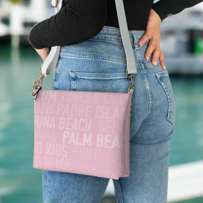 Pretty Pink Vegan Leather Cross Body Bag with Beaches and Sunny Destinations