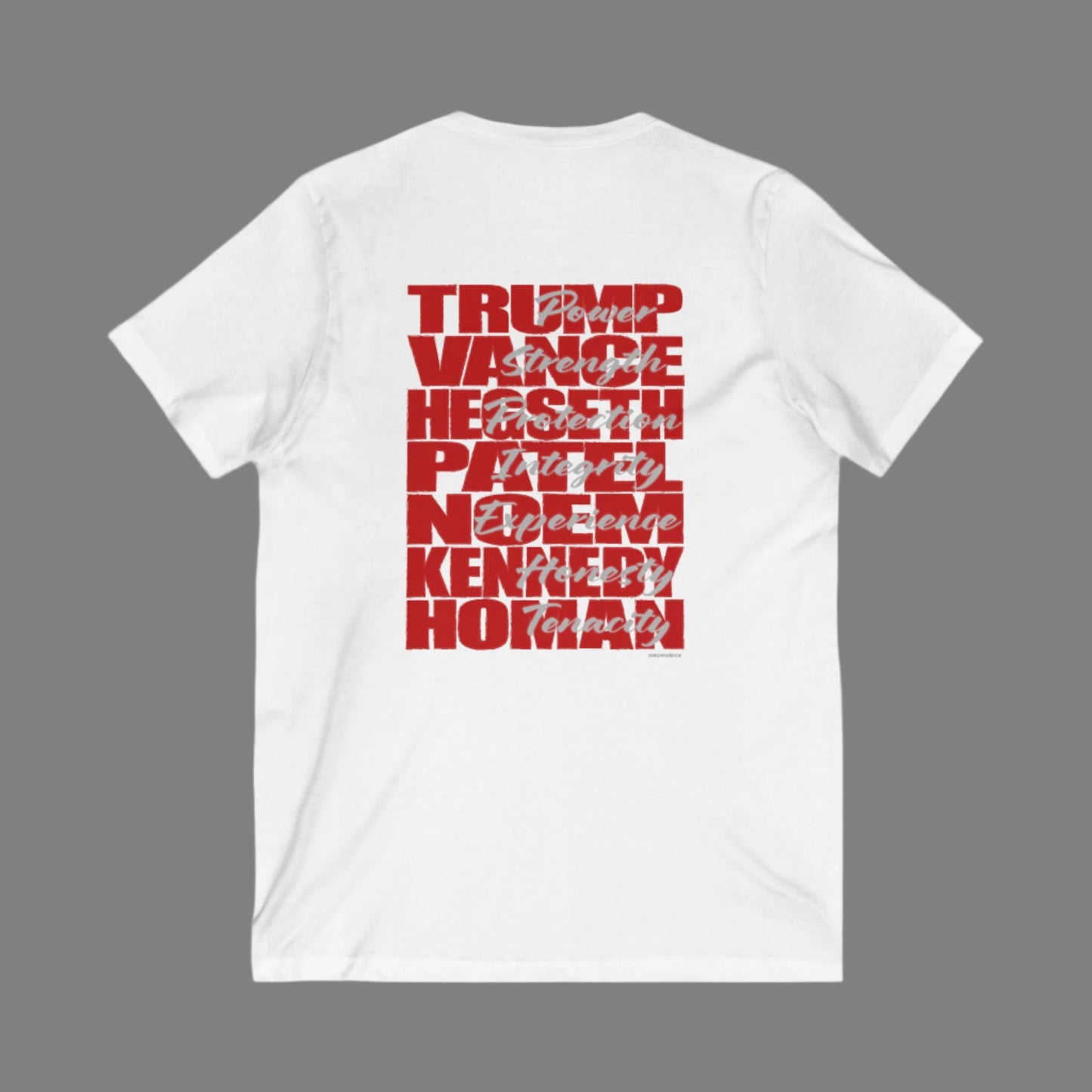 V-neck t-shirt imprinted with the names and qualities of Trump's cabinet members. Imprinted in red with gray overlays on the back. Left chest is imprinted with 45/47 and the word Restoration over the top. Sizes Small to 5X. 6 color options. 