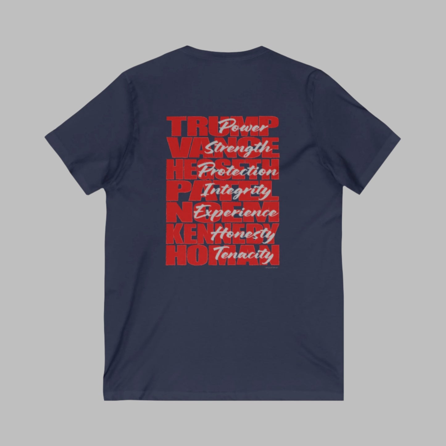 V-neck t-shirt imprinted with the names and qualities of Trump's cabinet members. Imprinted in red with gray overlays on the back. Left chest is imprinted with 45/47 and the word Restoration over the top. Sizes Small to 5X. 6 color options. 