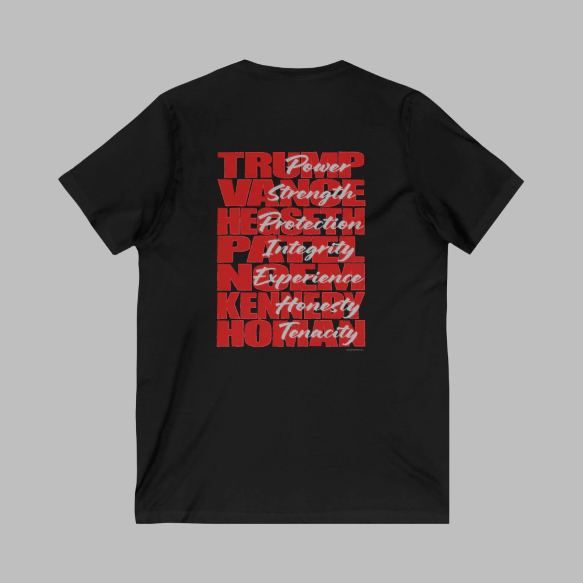 V-neck t-shirt imprinted with the names and qualities of Trump's cabinet members. Imprinted in red with gray overlays on the back. Left chest is imprinted with 45/47 and the word Restoration over the top. Sizes Small to 5X. 6 color options. 