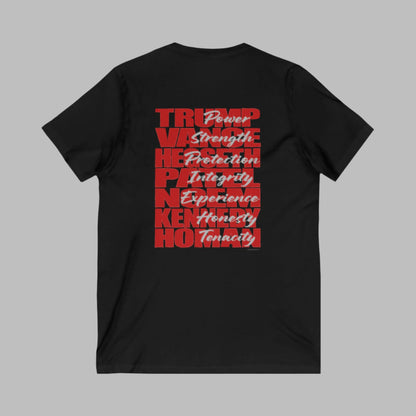 V-neck t-shirt imprinted with the names and qualities of Trump's cabinet members. Imprinted in red with gray overlays on the back. Left chest is imprinted with 45/47 and the word Restoration over the top. Sizes Small to 5X. 6 color options. 