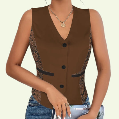 Cognac + Tooled Leather 3 Button Vest