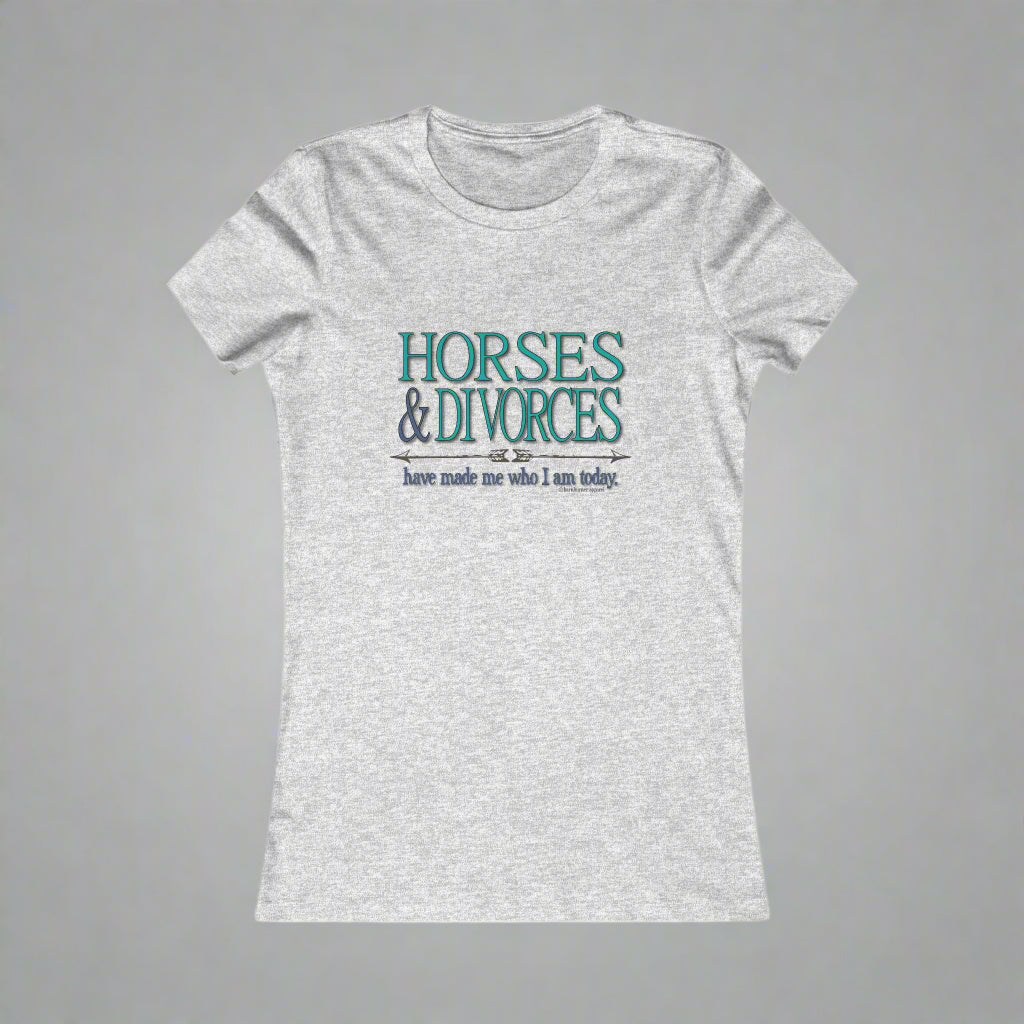 Crew neck, fitted t-shirt imprinted on the front with Horses & Divorces. Slim fit. Longer silhouette.