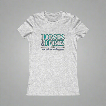 Crew neck, fitted t-shirt imprinted on the front with Horses & Divorces. Slim fit. Longer silhouette.