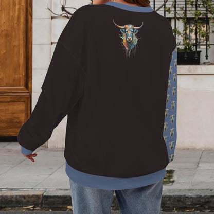 Watercolor Steer Crew Neck Dropped Shoulder Sweatshirt - Jet Black / Cornflower Blue