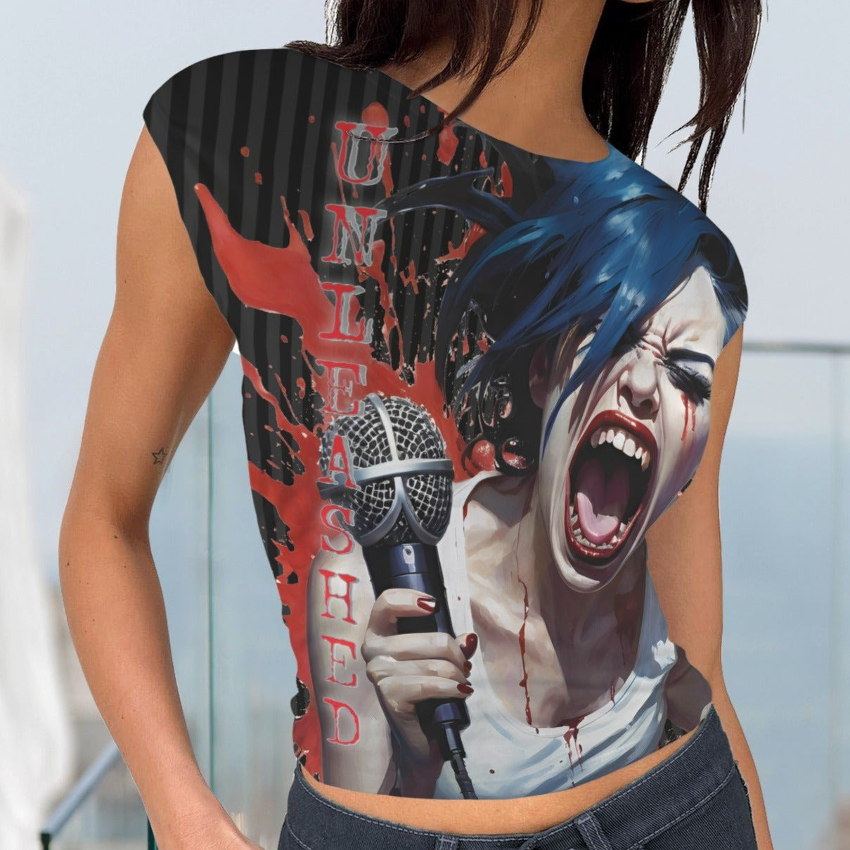 Pretty Wicked Ladies Unleashed Scream Rock and Roll Rocker Striped Backless Top