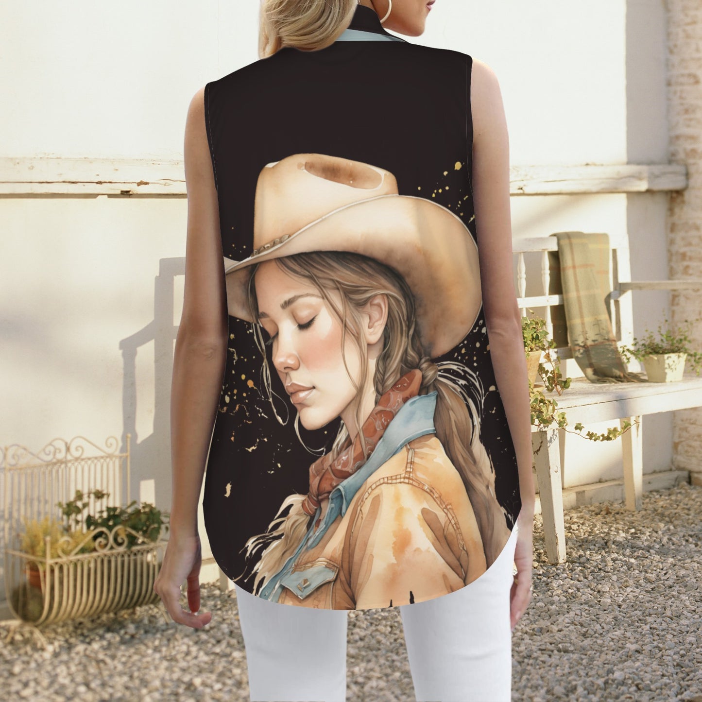 Button-front Sleeveless Blouse with Peaceful Cowgirl in Warm Tones - Jet Black