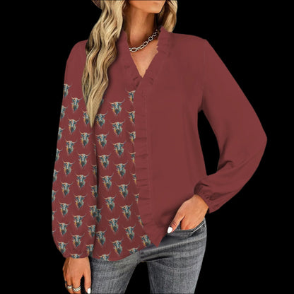 Watercolor Steer Pullover Ruffle Front - Winter Wine