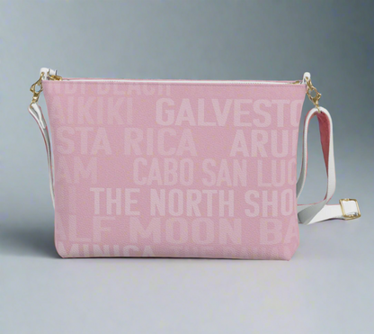 Pretty Pink Vegan Leather Cross Body Bag with Beaches and Sunny Destinations