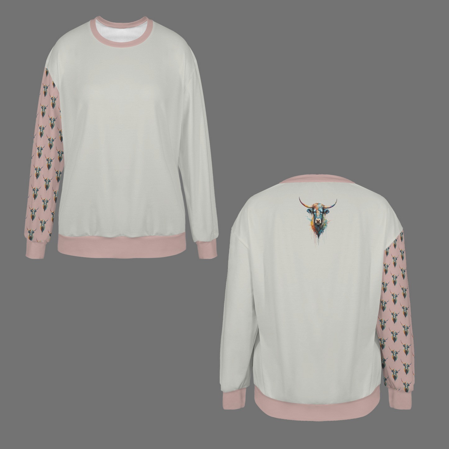 Watercolor Steer Crew Neck Dropped Shoulder Sweatshirt - Stone Gray / Dusty Rose