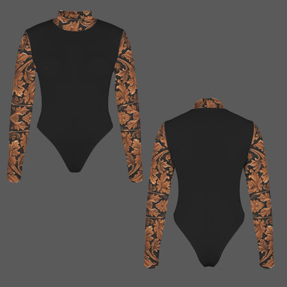 Black Mock Neck Bodysuit with Tooled Leather-look Long Sleeves