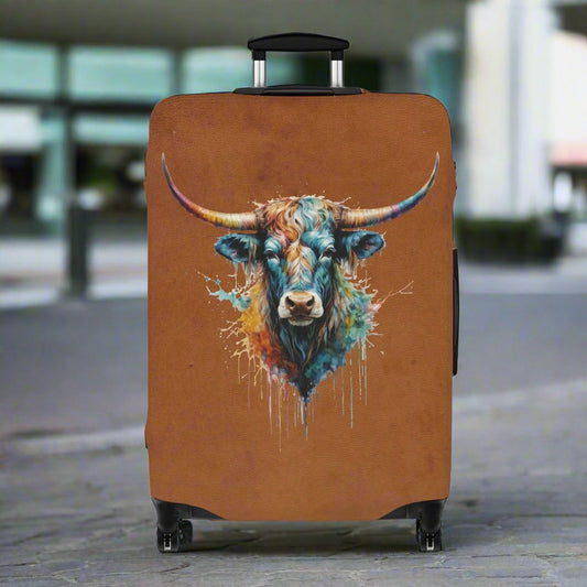 Watercolor Steer Longhorn Steer Stretch Luggage Protector Cover - 3 Sizes - Cognac Brown Leather Look