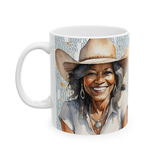 Joyful Mature Black Cowgirl with Positive Words White Ceramic Mug, (11oz or 15oz)