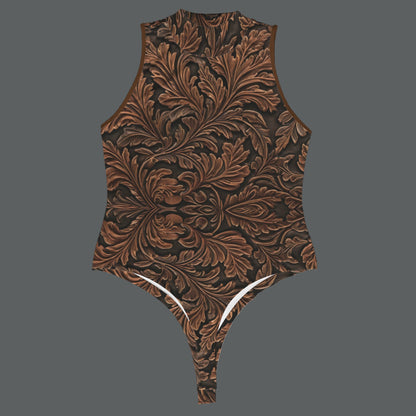 Tooled Leather-Look Mock Neck Sleeveless Body Suit