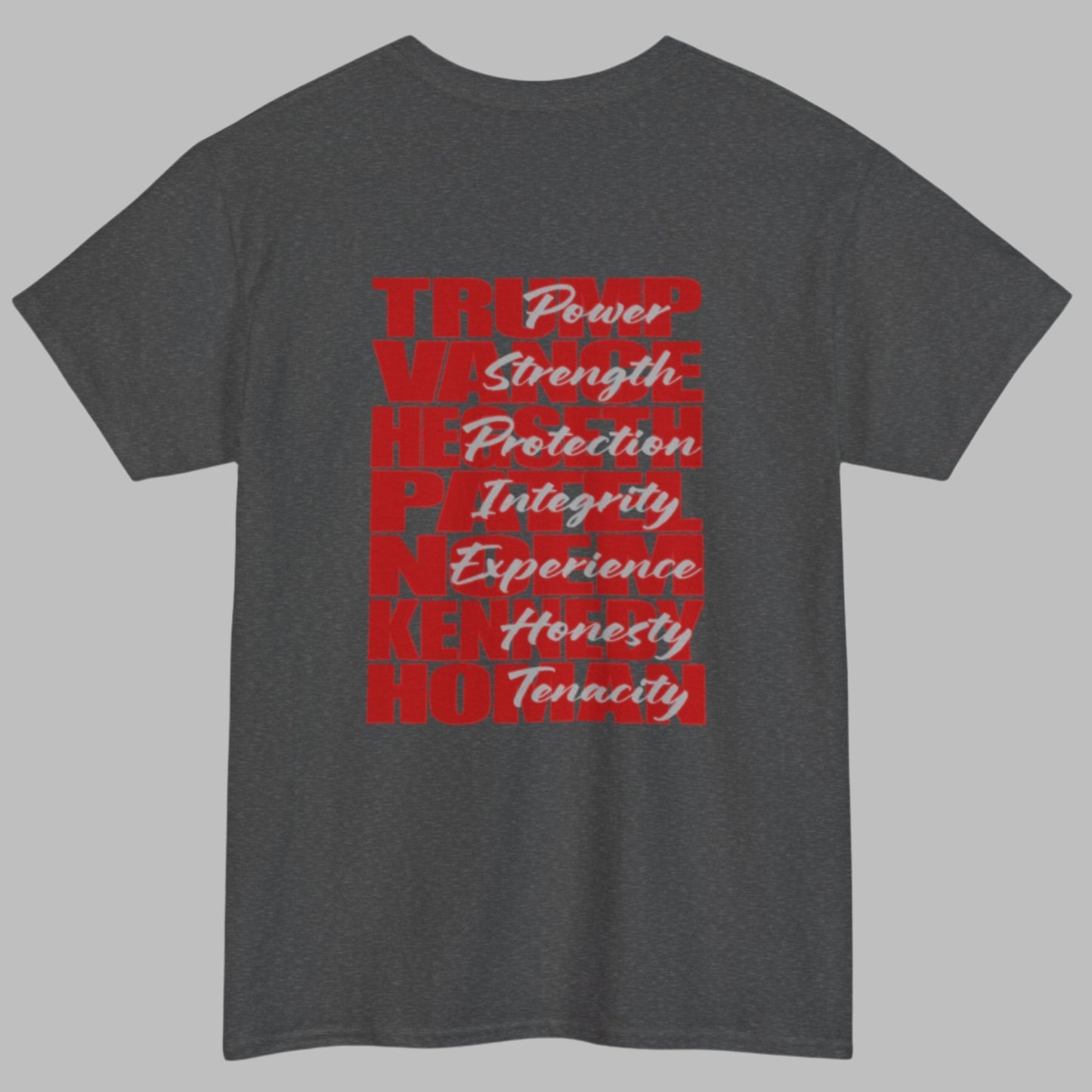 Cotton t-shirt imprinted in red with a gray overprint on the back of the names and strongest qualities of President Trump and his cabinet members / nominees. The front is imprinted on the left chest with 45/47 and the word Restoration overprinted in gray. 