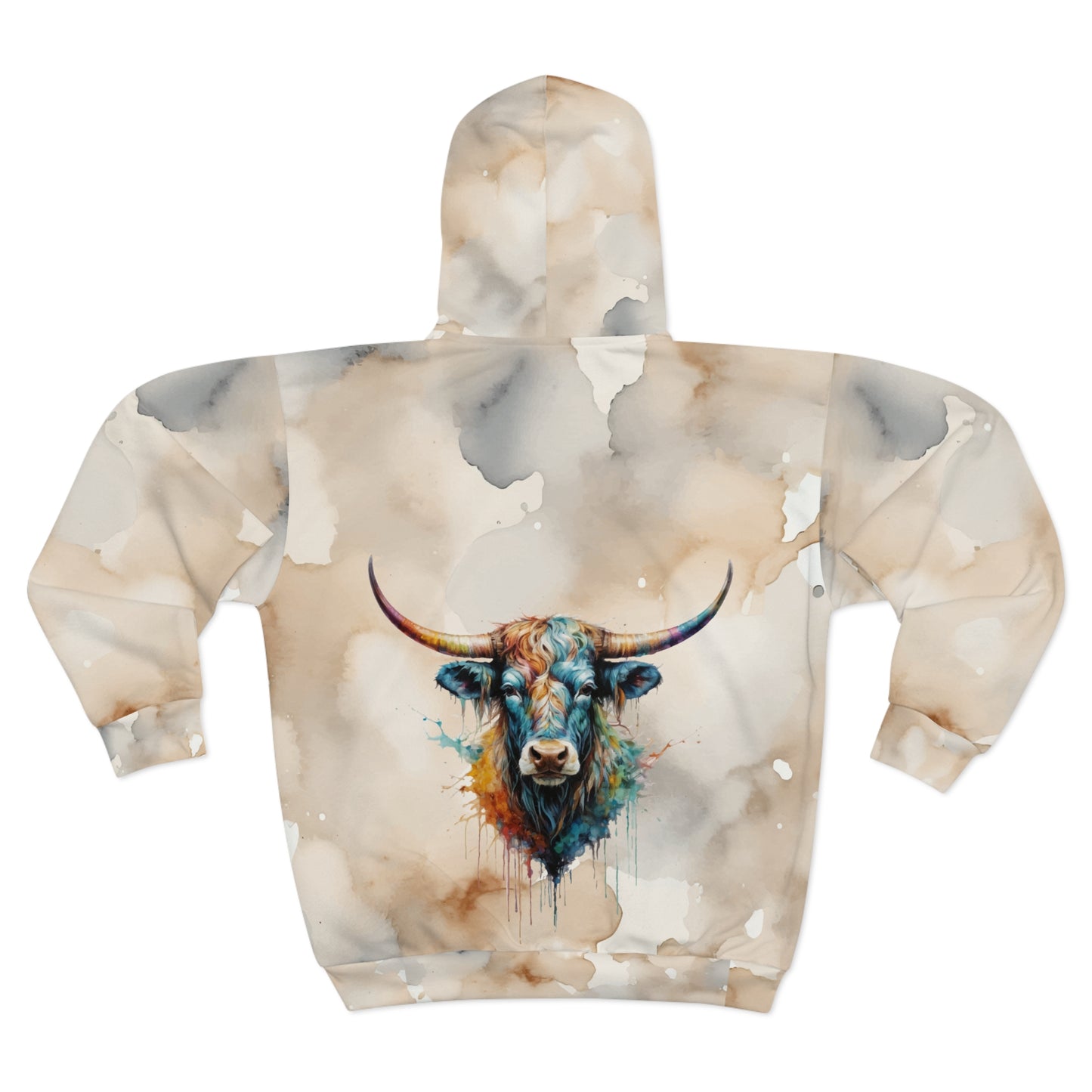 Watercolor Steer Front Zip Long Sleeve Fleece Sweatshirt Hoodie - Unisex