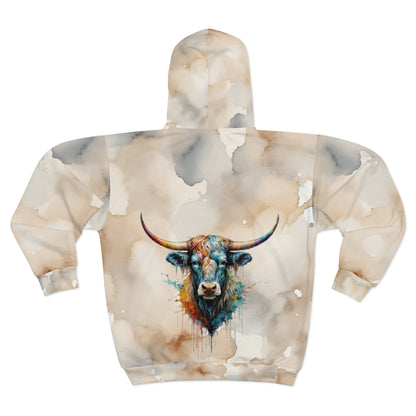 Watercolor Steer Front Zip Long Sleeve Fleece Sweatshirt Hoodie - Unisex