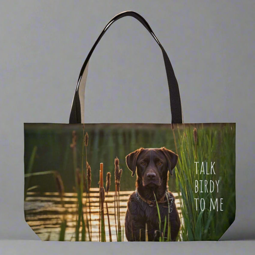 Large weekender style canvas tote bag imprinted both sides with our exclusive image of an intense chocolate Labrador Retriever duck hunting dog waiting near the reeds and cattails.  It reads TALK BIRDY TOME. Imprinted the same n both sides. Woven cotton handles.