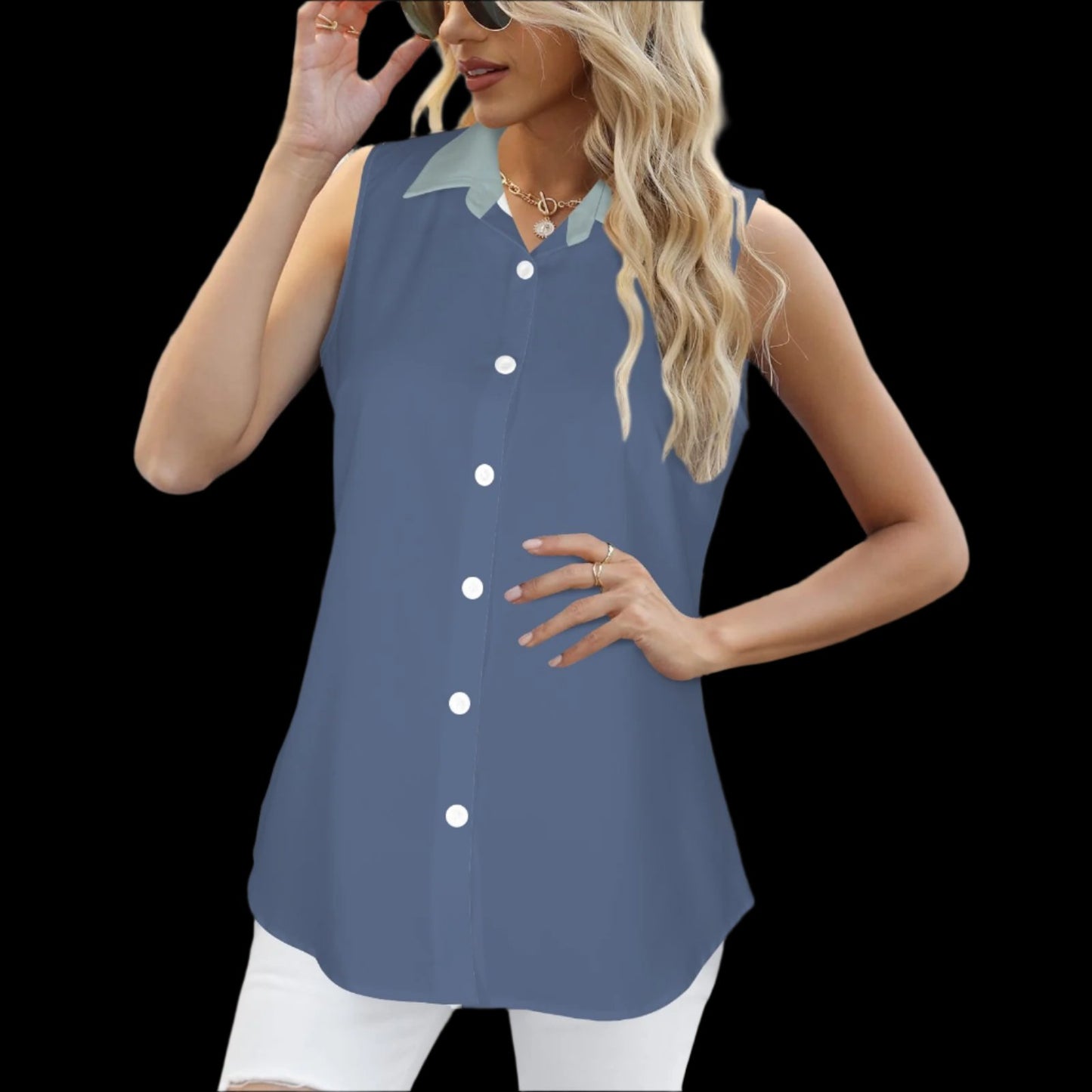 Button-front Sleeveless Blouse with Peaceful Cowgirl in Gray Tones - Cornflower Blue