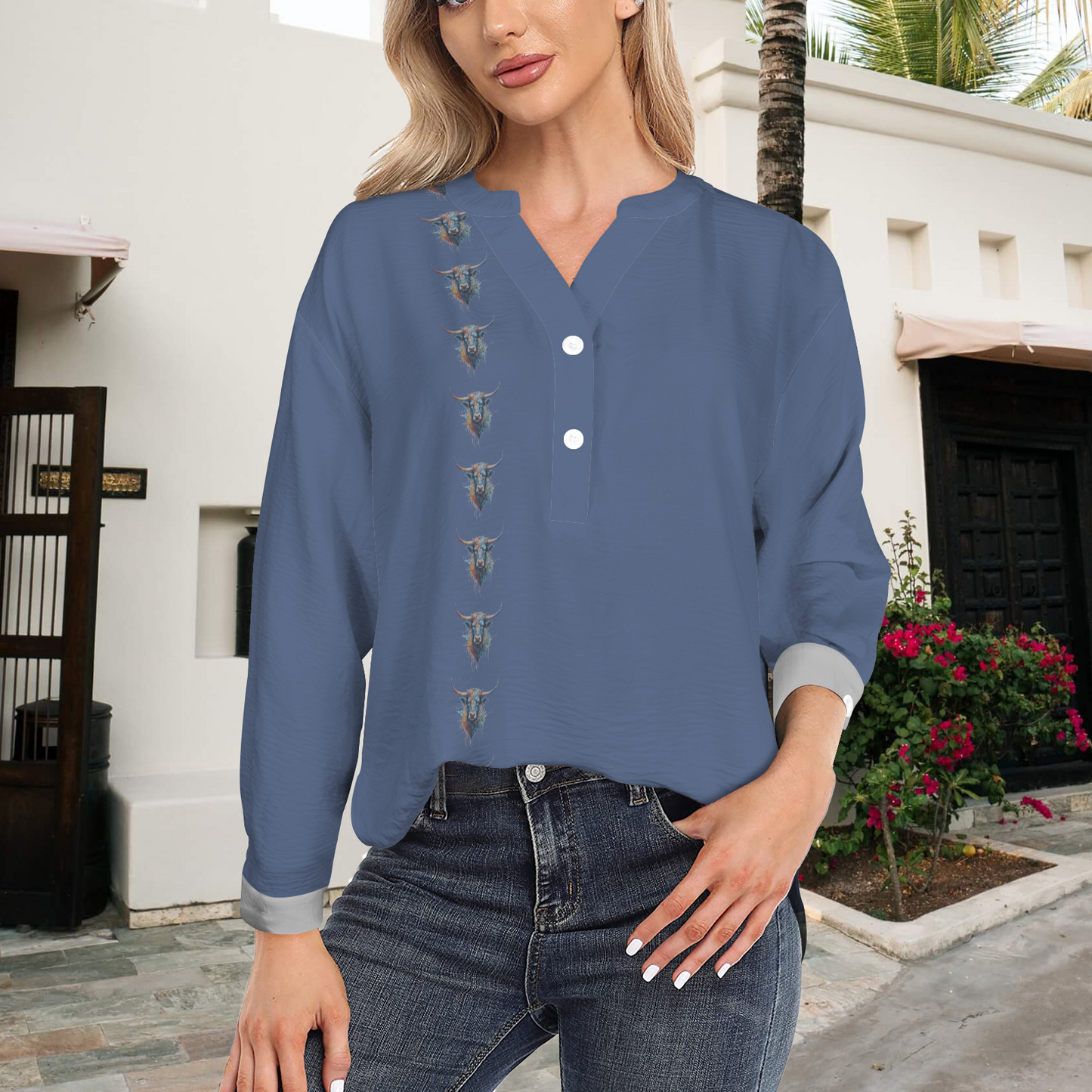 Watercolor Steer - V Neck Pullover Blouse - Cornflower Blue