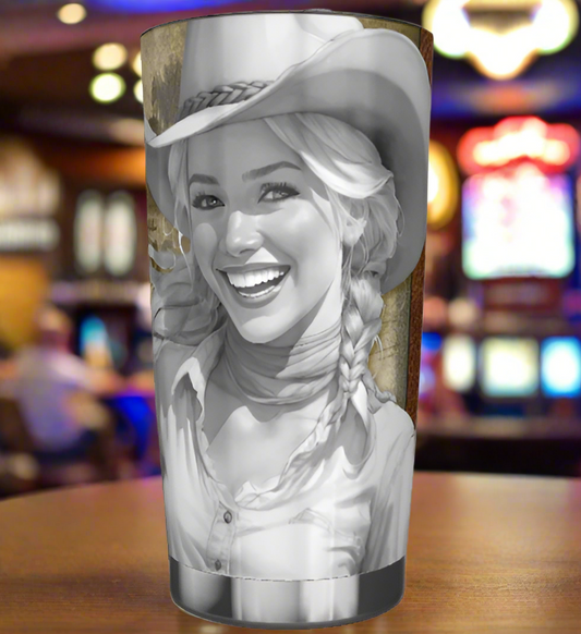 20 oz stainless tumbler Las Vegas young cowgirl