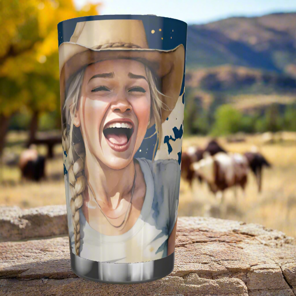 Laughing blond cowgirl stainless steel tumbler