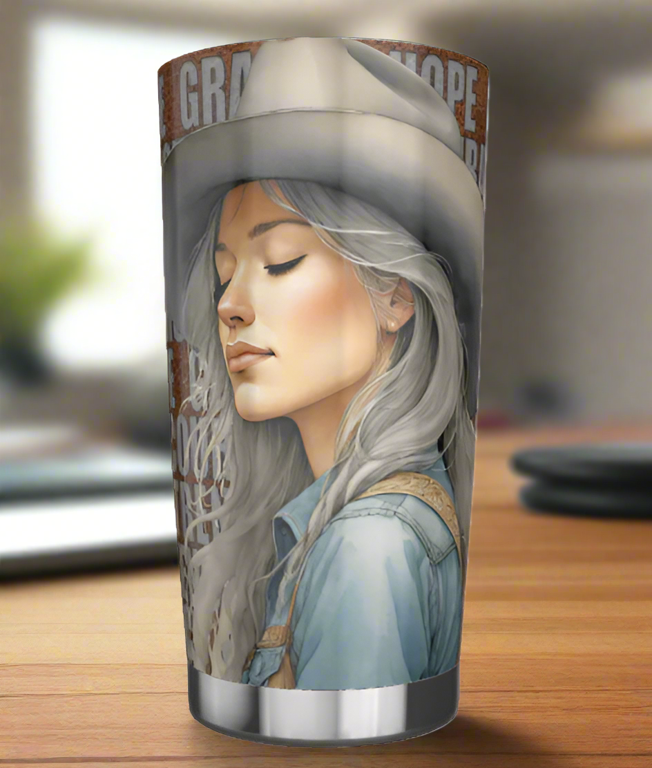 20 oz stainless steel tumbler with cowgirl, leather, and words of virtue