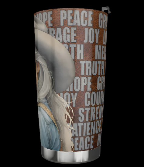 20 oz stainless steel tumbler with cowgirl, leather, and words of virtue