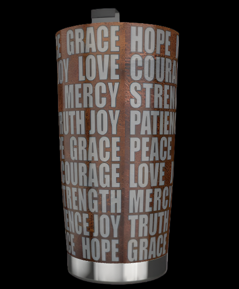 20 oz stainless steel tumbler with cowgirl, leather, and words of virtue