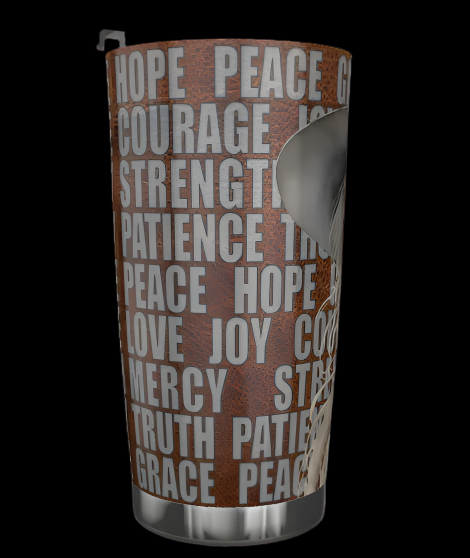 20 oz stainless steel tumbler with cowgirl, leather, and words of virtue