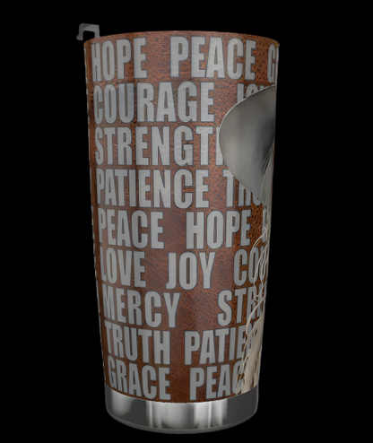 20 oz stainless steel tumbler with cowgirl, leather, and words of virtue