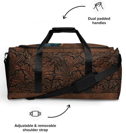 All-over print western tooled leather imprint duffle bag. Black carry straps and handles. Mesh exterior pocket. Imprinted with pretty cowgirl and Proverb about wisdom and good judgment being more valuable that silver and gold. 