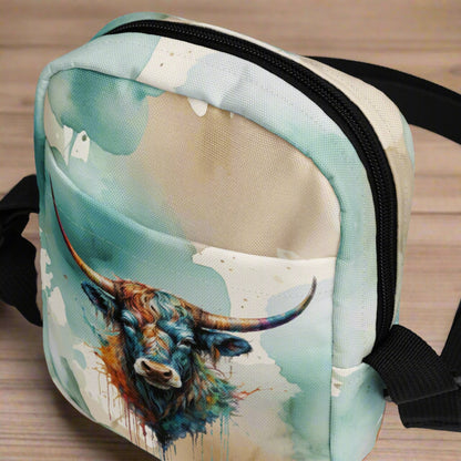 Watercolor Steer Festival Bag Canvas Utility Crossbody Bag - Turquoise & Tan