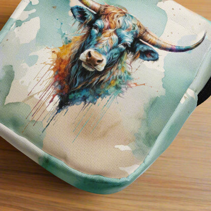 Watercolor Steer Festival Bag Canvas Utility Crossbody Bag - Turquoise & Tan