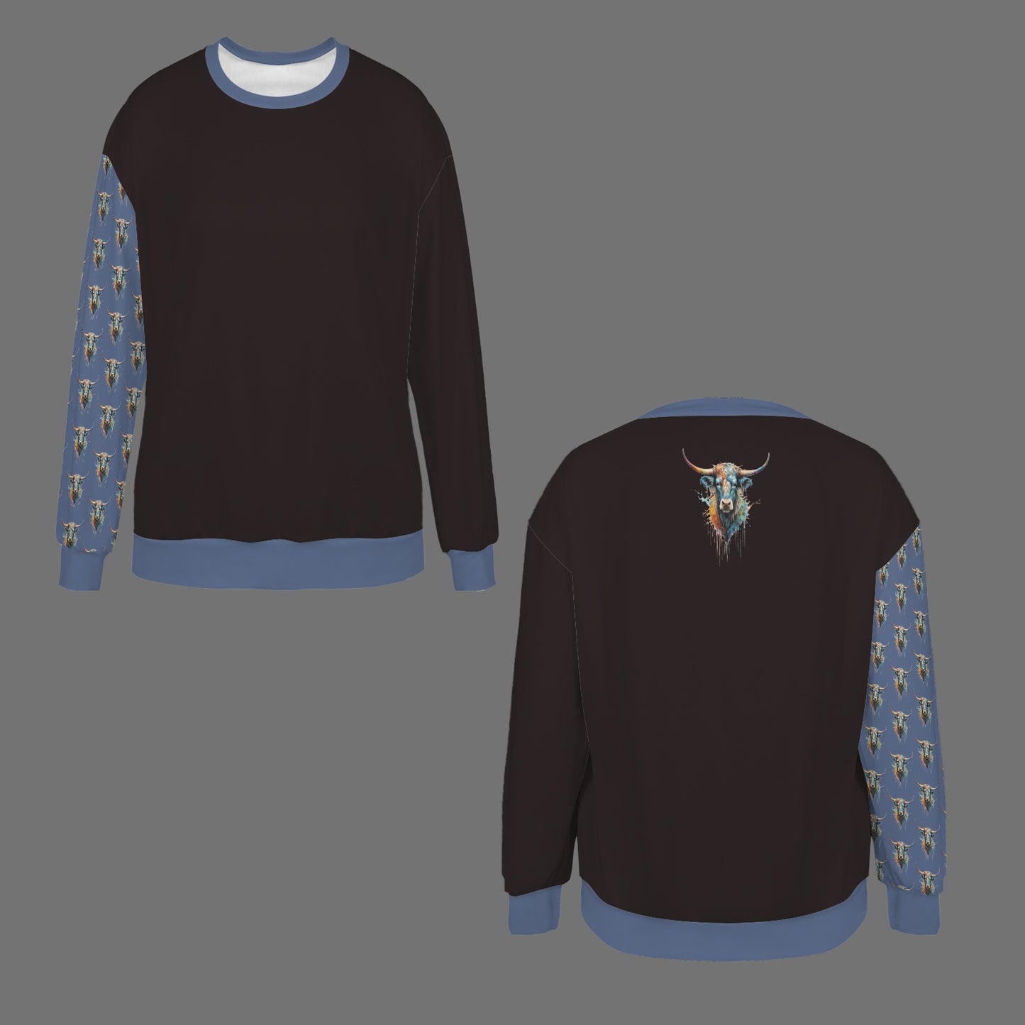 Watercolor Steer Crew Neck Dropped Shoulder Sweatshirt - Jet Black / Cornflower Blue