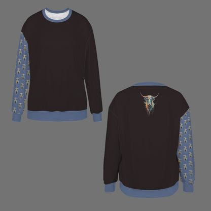 Watercolor Steer Crew Neck Dropped Shoulder Sweatshirt - Jet Black / Cornflower Blue