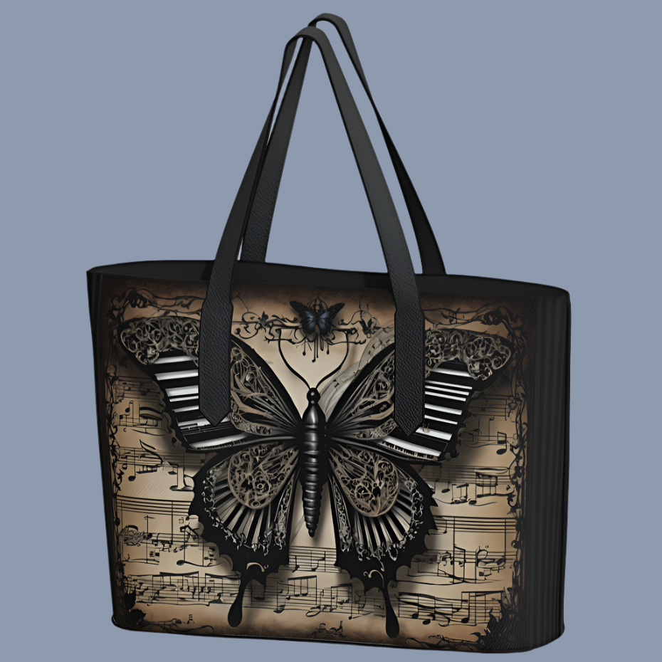 Oversize high quality vegan leather tote bag shown with black details. Beautiful antique-look piano inspired butterfly imprint over antiqued sheet music. Bag available with alternative brown details.