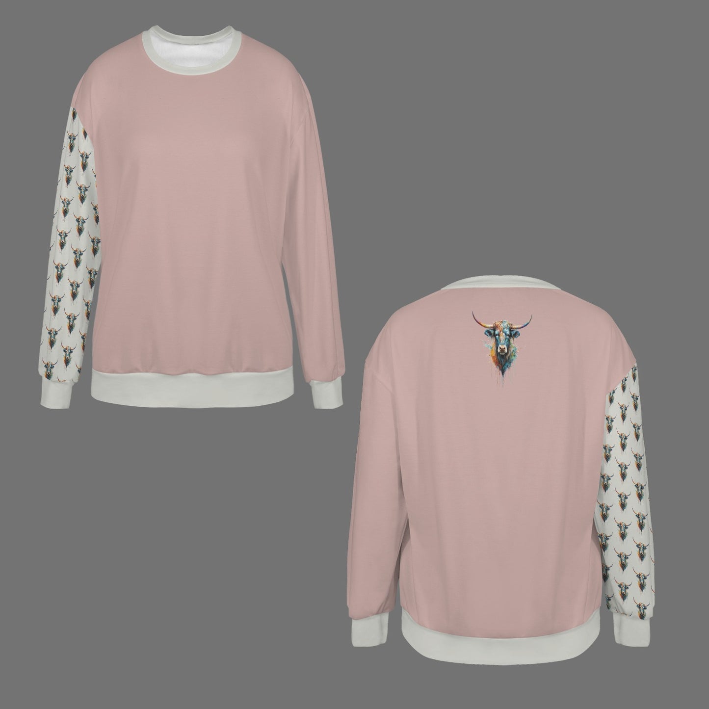 Watercolor Steer Crew Neck Dropped Shoulder Sweatshirt - Dusty Rose/ Pebble Gray