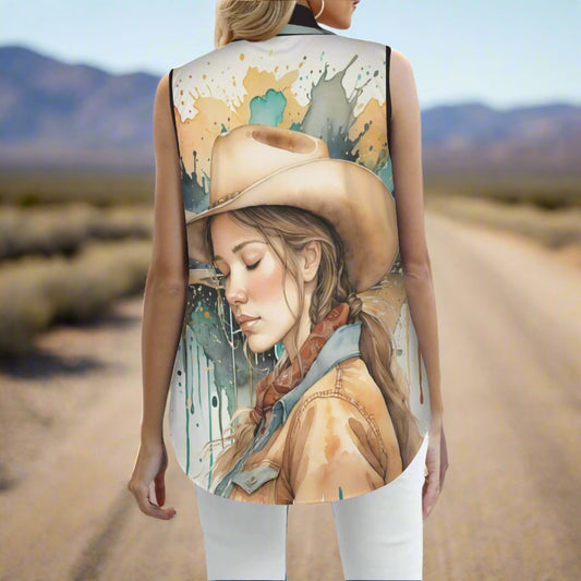 Button-front Sleeveless Blouse with Peaceful Cowgirl in Vibrant Colors - Jet Black