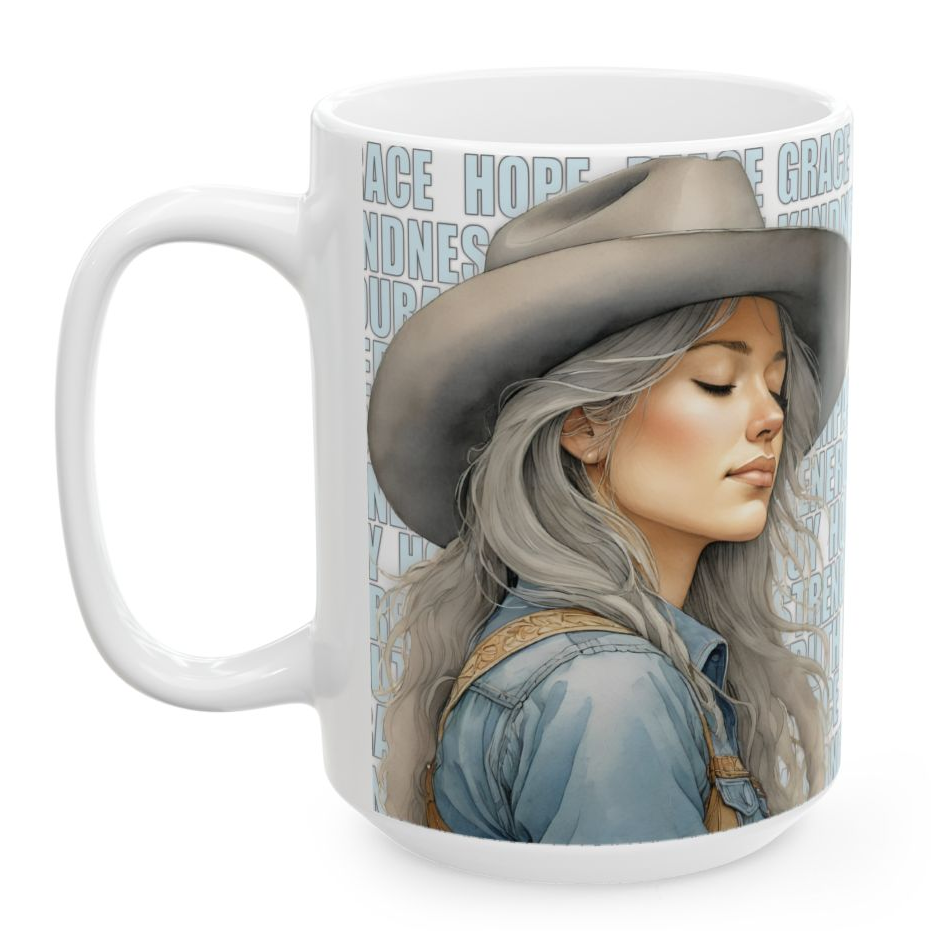 BETH. Our happiest cowgirls grace these 11 oz and 15 oz white ceramic mugs. We've also added a plethora of positive words to help get your day off to the right start. Glossy finish. 