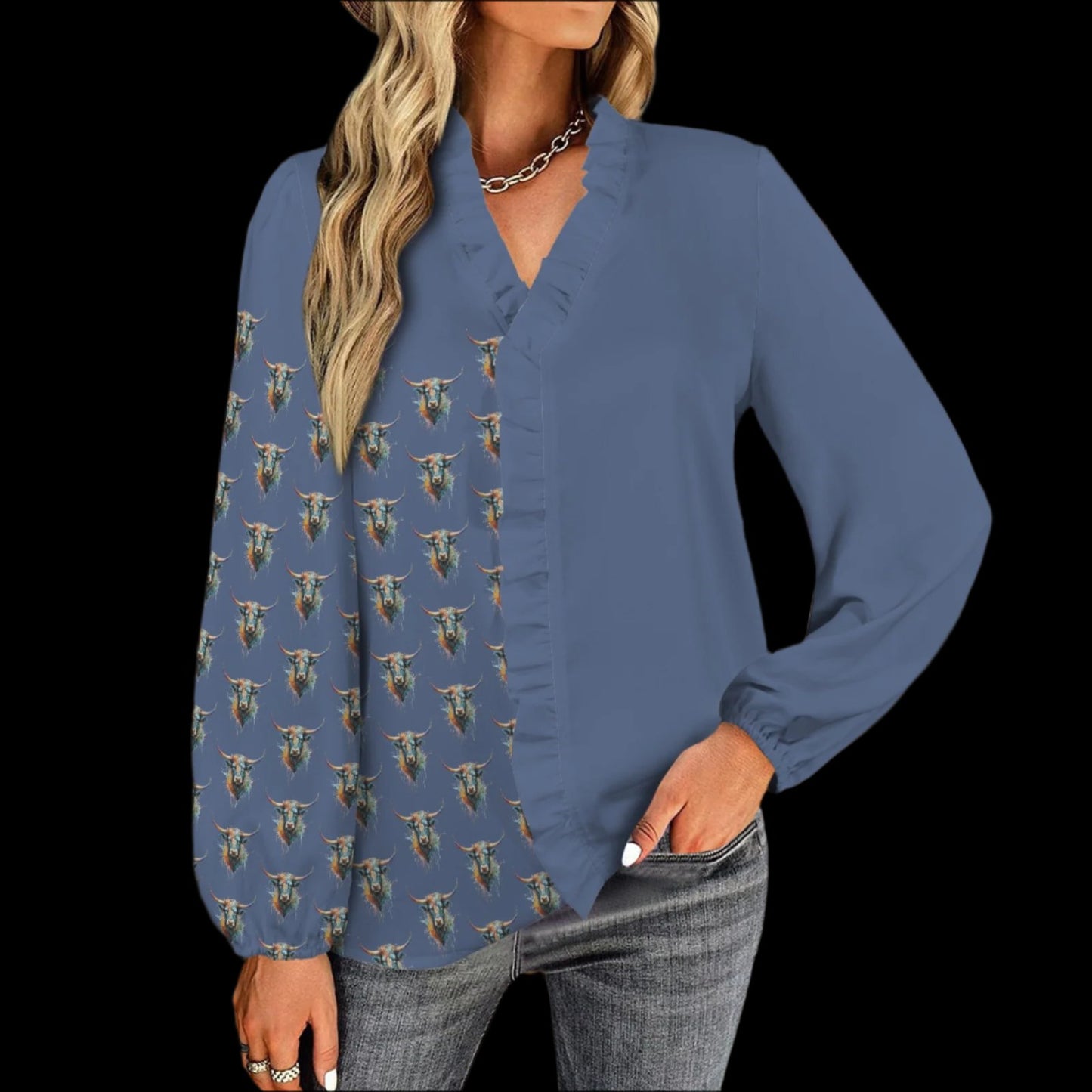 Watercolor Steer Pullover Ruffle Front - Cornflower Blue