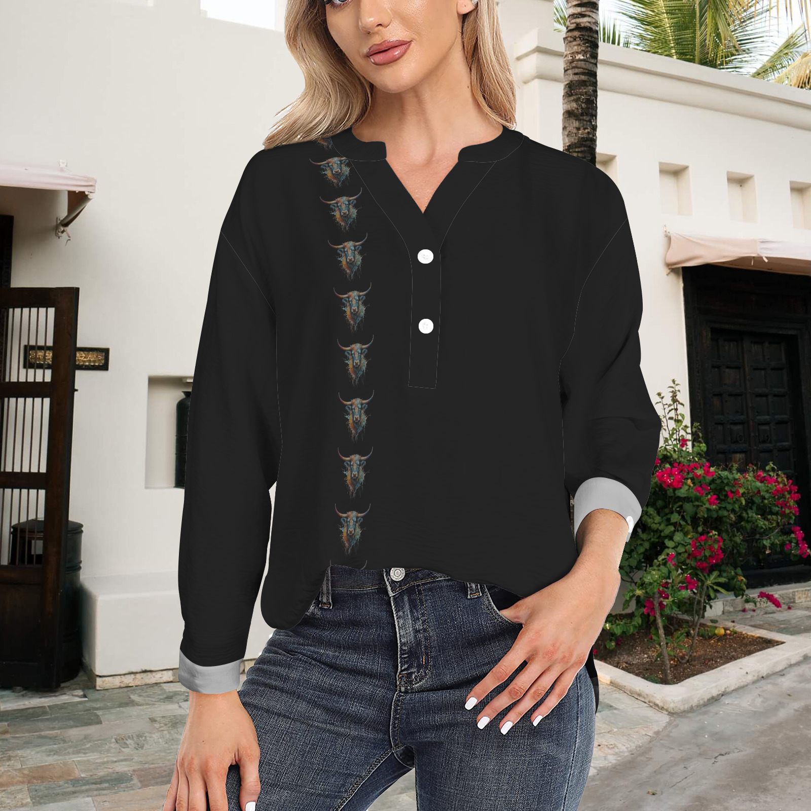 Watercolor Steer - V Neck Pullover Blouse - Jet Black