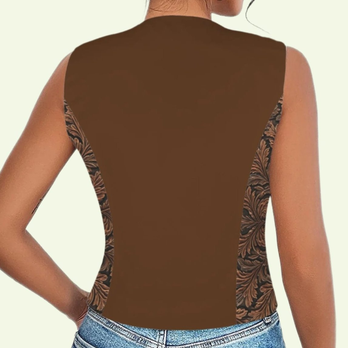 Cognac Fashion Vest with Tooled Leather-Look Panels and Button Front