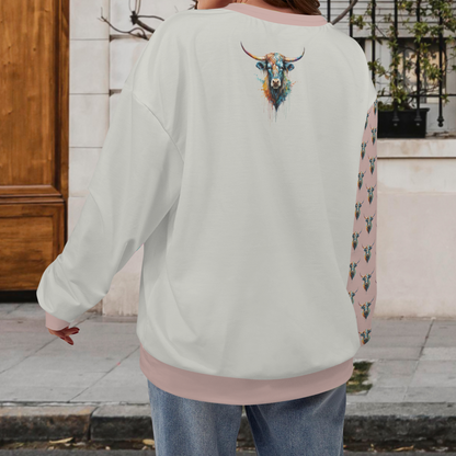 Watercolor Steer Crew Neck Dropped Shoulder Sweatshirt - Stone Gray / Dusty Rose