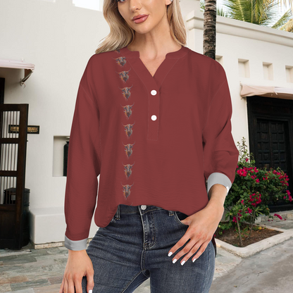 Watercolor Steer - V Neck Pullover Blouse - Winter Wine