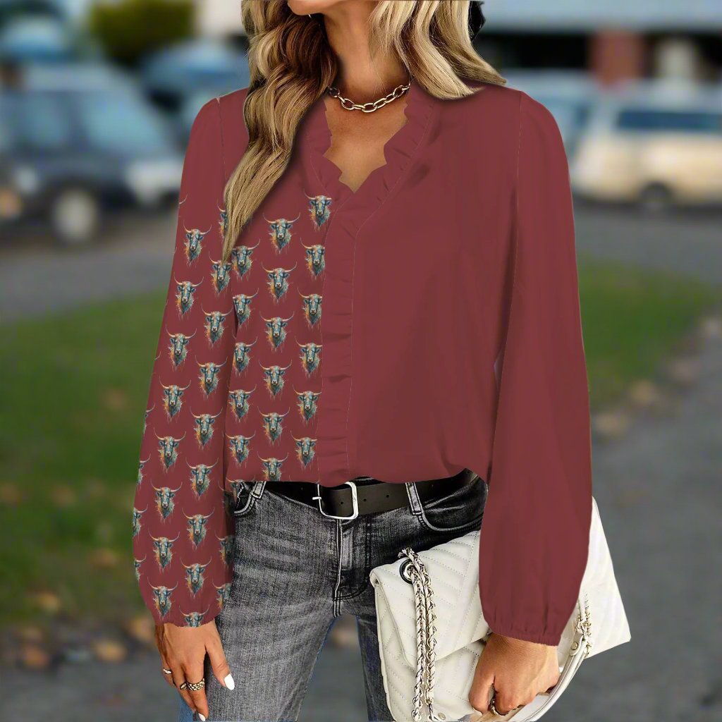 Watercolor Steer - V Neck Pullover Blouse - Winter Wine