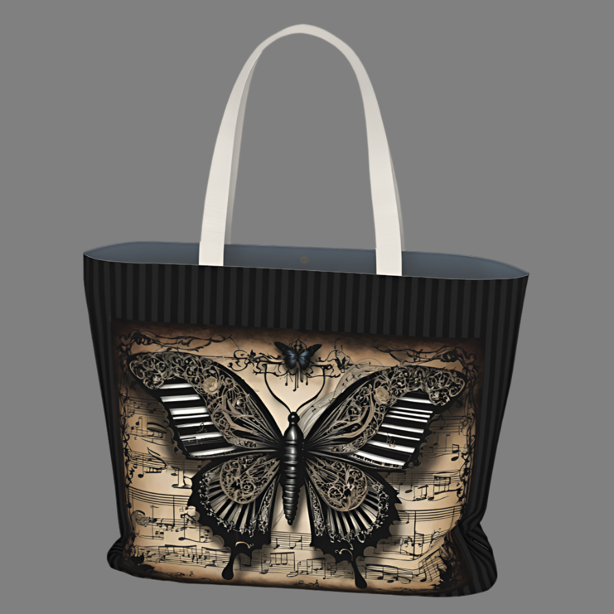 Ornate, gothic influence imprint of butterfly with piano key and steampunk influences over antiqued  sheet music and black on black stripes on a double-sided tote bag. 