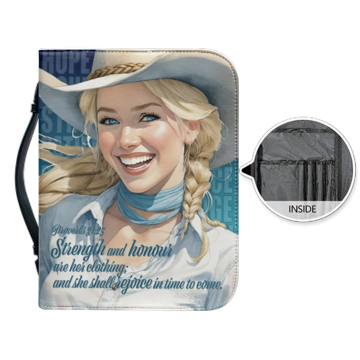 "Uplifted" Joyful Cowgirl Proverbs 46:5 Faux Leather Bible Cover - Blue (4 Sizes)
